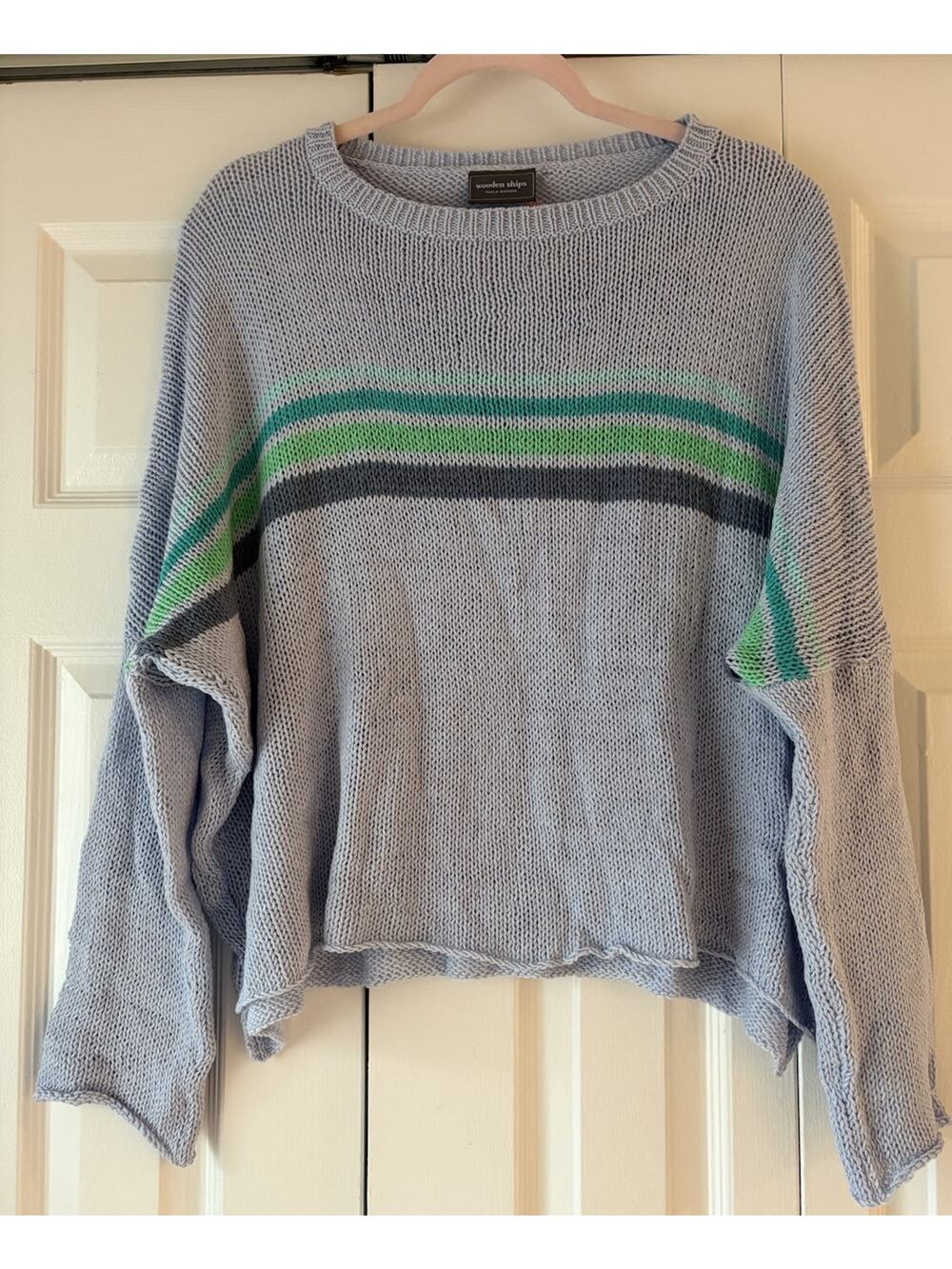 Wooden Ships Gray Knit Sweater Sz L/XL Blue Green Stripped